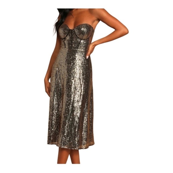 Lulus Gold Sequin Strapless Bodice Dress Size M NWOT - Picture 2 of 9